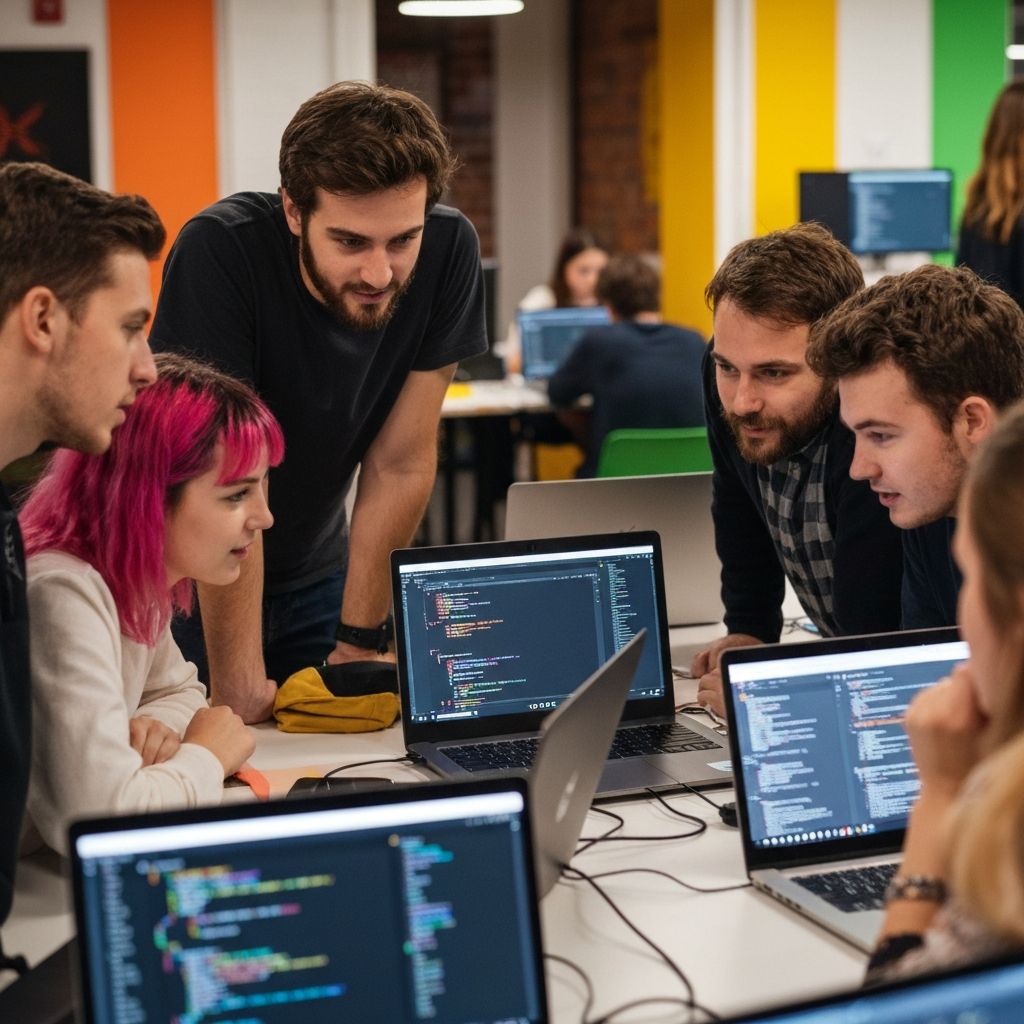 Students coding together